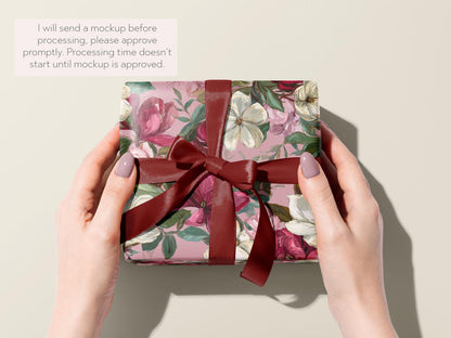 Valentines Magnolia Wrapping Paper Personalized Floral Wrap Romantic Pink Custom Message Gift For Her Anniversary Present Luxury Packaging - Charles Alex