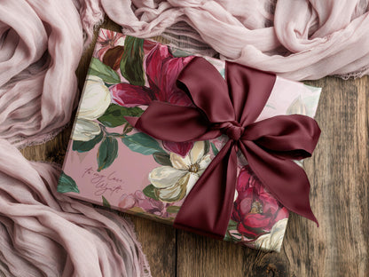 Valentines Magnolia Wrapping Paper Personalized Floral Wrap Romantic Pink Custom Message Gift For Her Anniversary Present Luxury Packaging - Charles Alex
