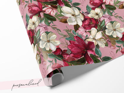 Valentines Magnolia Wrapping Paper Personalized Floral Wrap Romantic Pink Custom Message Gift For Her Anniversary Present Luxury Packaging - Charles Alex