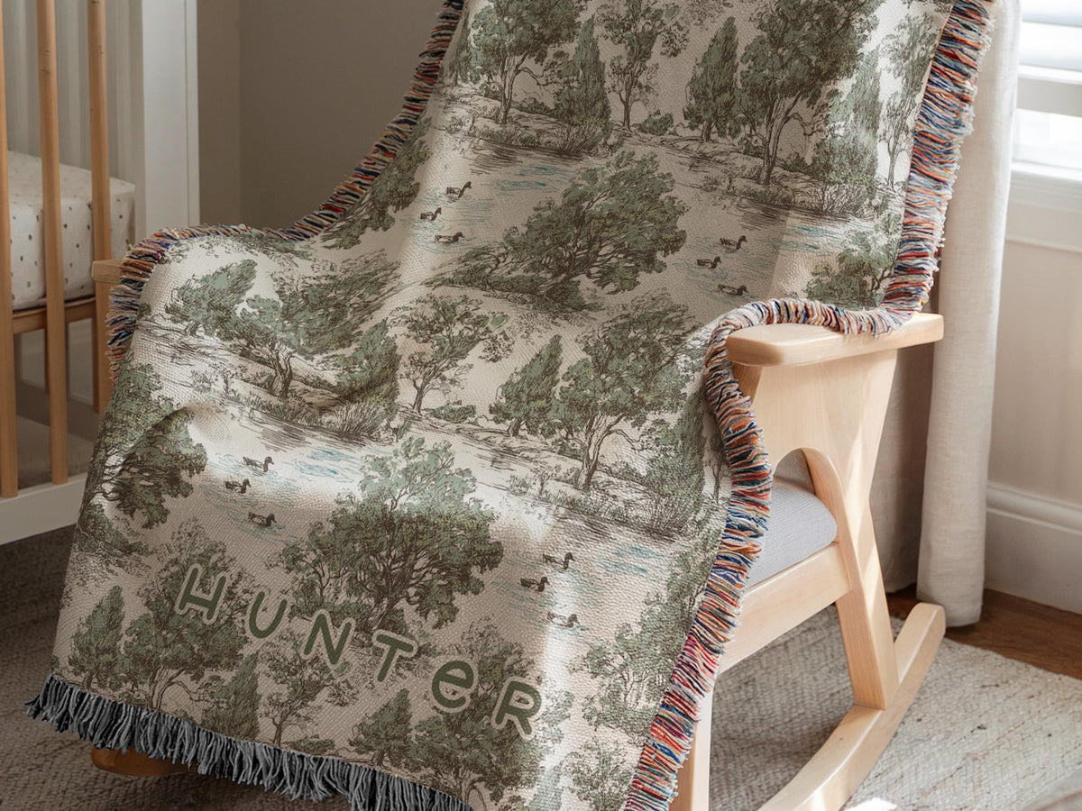 Personalized Duck Hunting Nursery Blanket Woodland Toile Baby Minky or Woven Throw Custom Name Neutral Heirloom Baby Gift for Boy Photo Prop - Charles Alex
