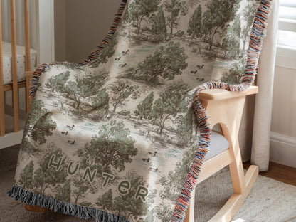 Personalized Duck Hunting Nursery Blanket Woodland Toile Baby Minky or Woven Throw Custom Name Neutral Heirloom Baby Gift for Boy Photo Prop - Charles Alex