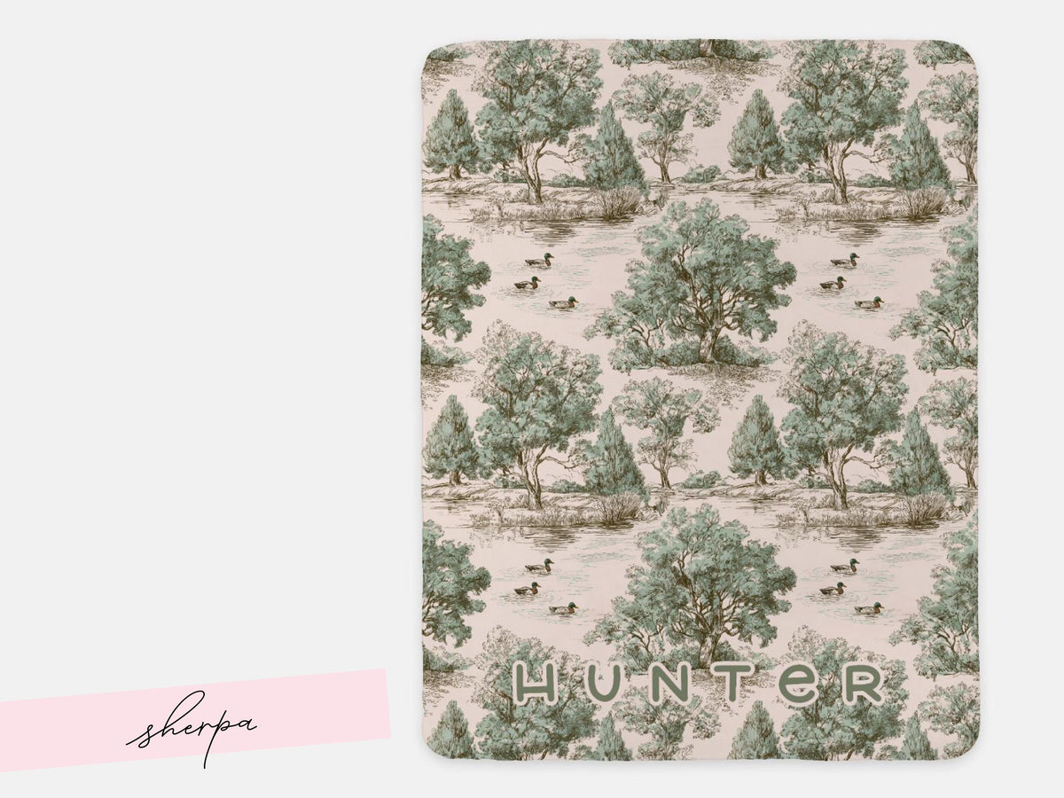 Personalized Duck Hunting Nursery Blanket Woodland Toile Baby Minky or Woven Throw Custom Name Neutral Heirloom Baby Gift for Boy Photo Prop - Charles Alex