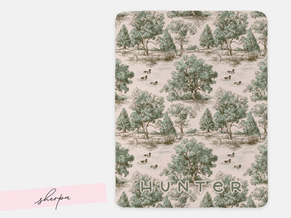 Personalized Duck Hunting Nursery Blanket Woodland Toile Baby Minky or Woven Throw Custom Name Neutral Heirloom Baby Gift for Boy Photo Prop - Charles Alex