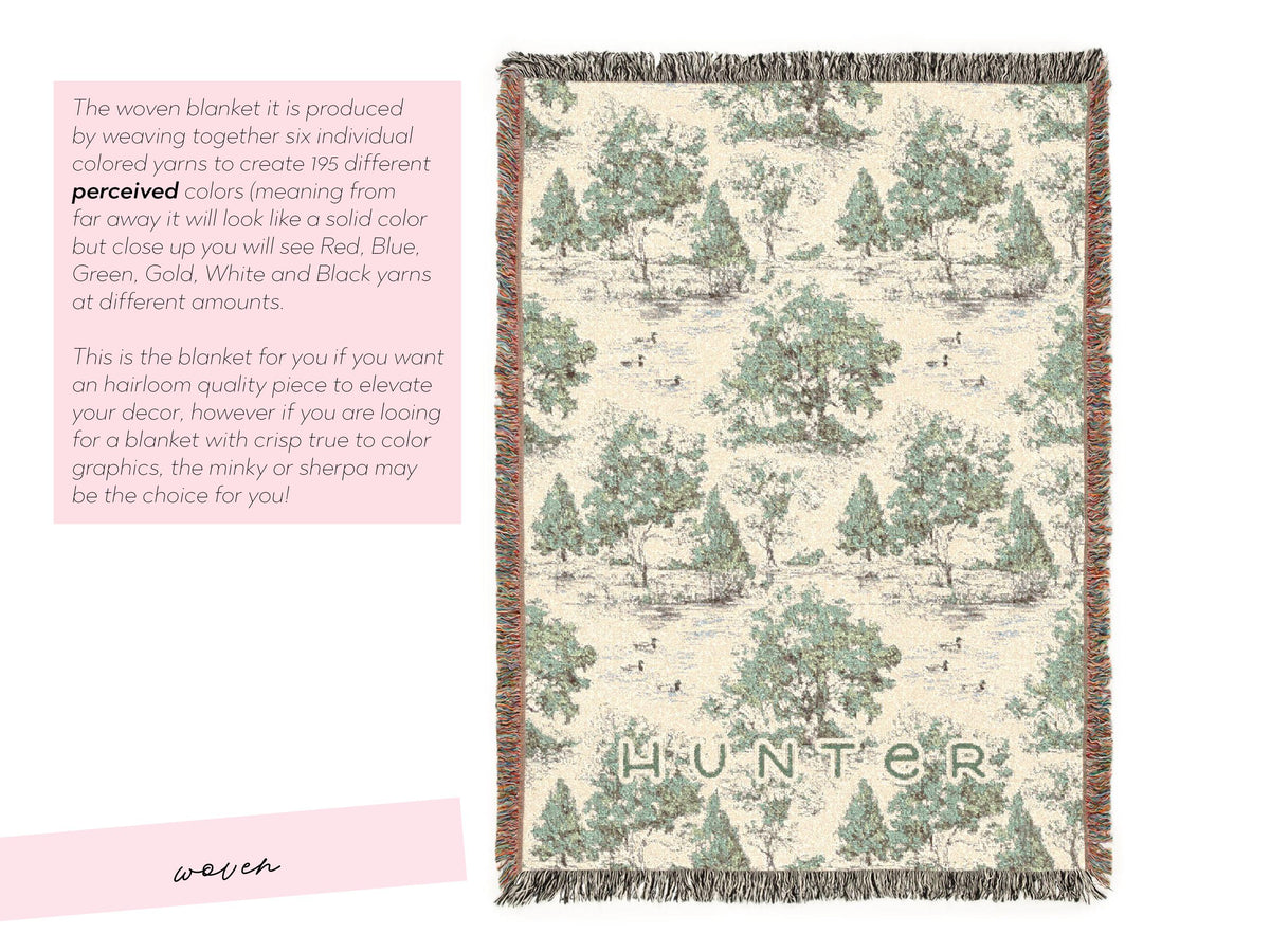 Personalized Duck Hunting Nursery Blanket Woodland Toile Baby Minky or Woven Throw Custom Name Neutral Heirloom Baby Gift for Boy Photo Prop - Charles Alex