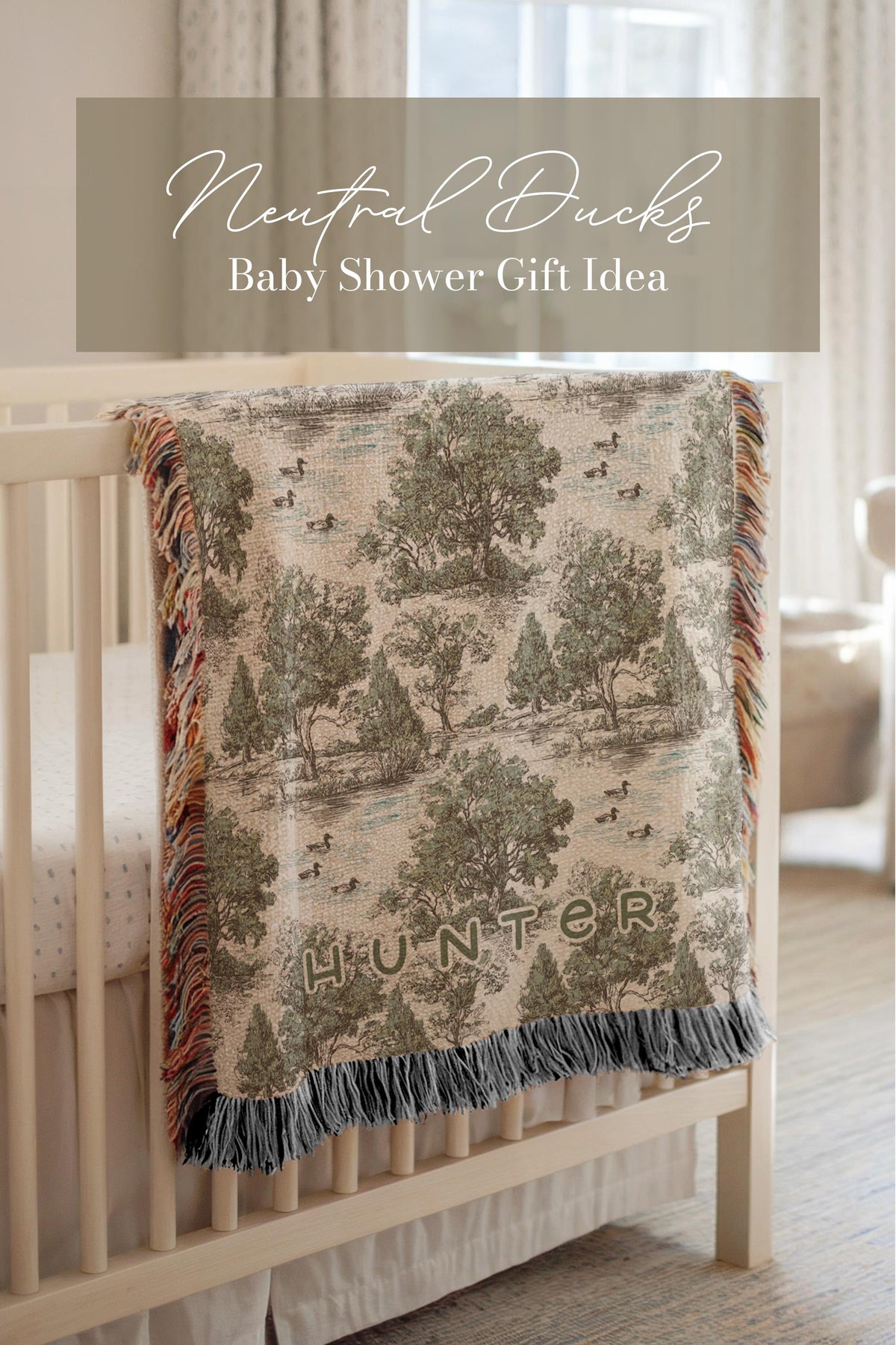 Personalized Duck Hunting Nursery Blanket Woodland Toile Baby Minky or Woven Throw Custom Name Neutral Heirloom Baby Gift for Boy Photo Prop - Charles Alex