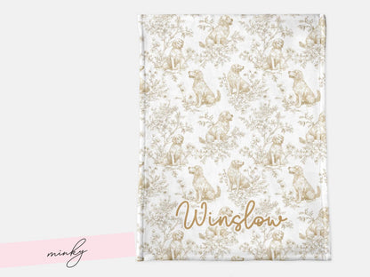 Personalized Golden Retriever Toile Blanket Heirloom Nursery Decor Custom Name Woven Throw Newborn Gift Dog Print Minky Baby Shower Present - Charles Alex