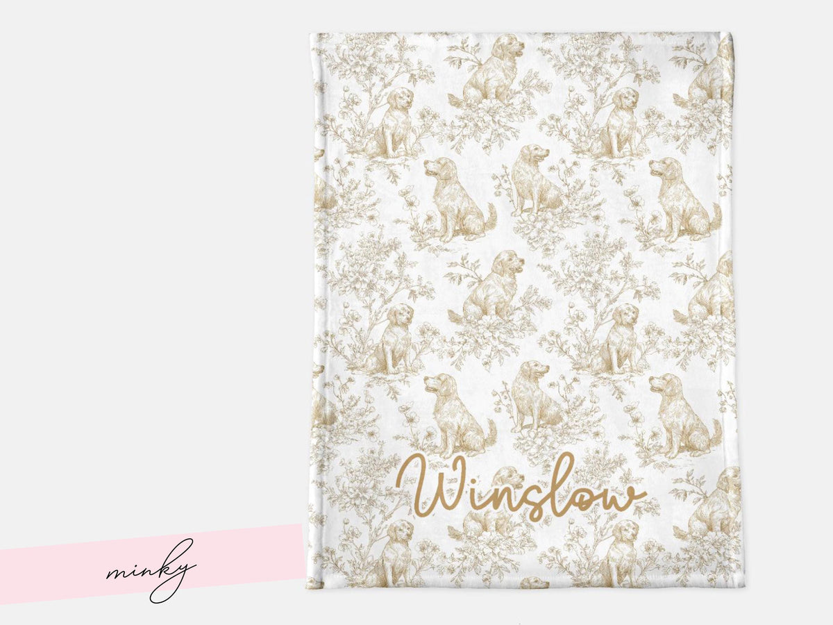 Personalized Golden Retriever Toile Blanket Heirloom Nursery Decor Custom Name Woven Throw Newborn Gift Dog Print Minky Baby Shower Present - Charles Alex