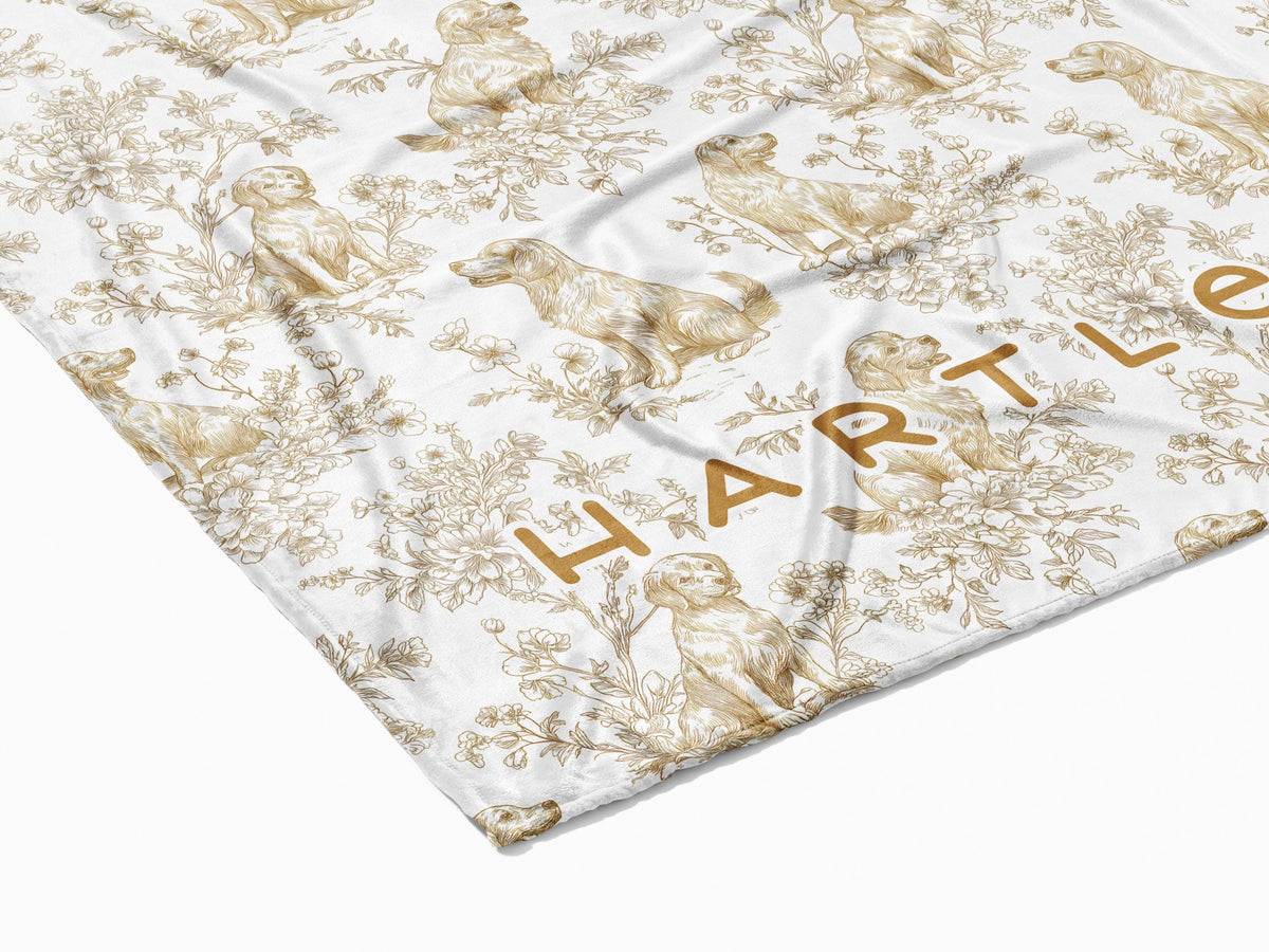 Personalized Golden Retriever Toile Blanket Heirloom Nursery Decor Custom Name Woven Throw Newborn Gift Dog Print Minky Baby Shower Present - Charles Alex