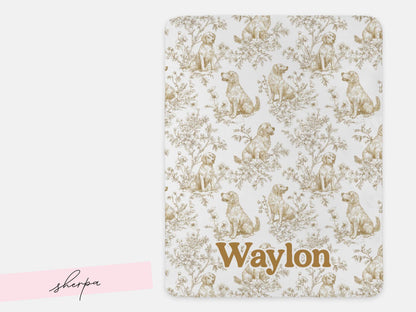 Personalized Golden Retriever Toile Blanket Heirloom Nursery Decor Custom Name Woven Throw Newborn Gift Dog Print Minky Baby Shower Present - Charles Alex