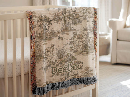 Hunting Nursey Decor Personalized Crib Throw Toile Deer Name Blanket Neutral Woodland Duck Baby Shower Gift Newborn Heirloom Woven Labrador - Charles Alex