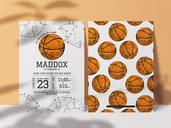 Editable Basketball Birthday Invitation - Darker Orange Watercolor - Charles Alex